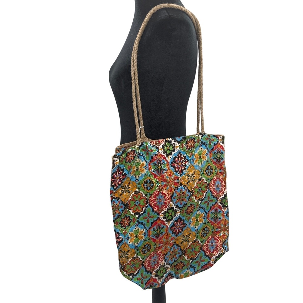 Karma Highway Women Multi Color Floral Medallion Burlap Tote Bag Rope Straps
